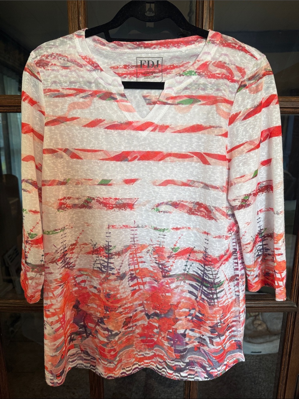 FDJ French Dressing Jeans Womens Red Abstract Burnout Knit 3/4 Sleeve Top Medium